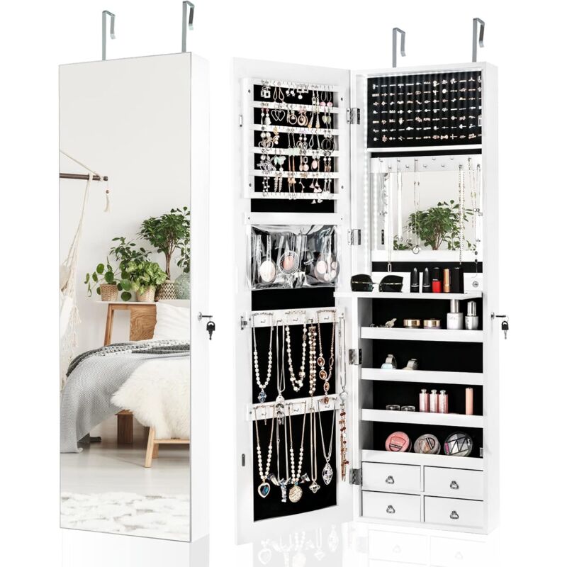 

Joyero con Espejo de Cuerpo Entero LED, Armario para Joyas Multiuso con 4 Cajones (blanco) - Costway