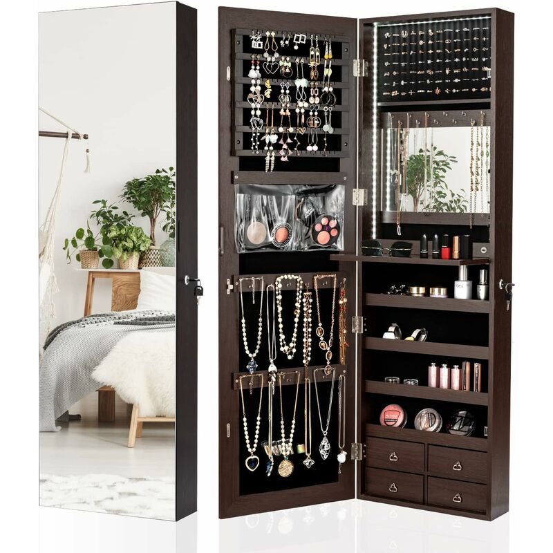 

Joyero con Espejo de Cuerpo Entero LED, Armario para Joyas Multiuso con 4 Cajones (café) - Costway