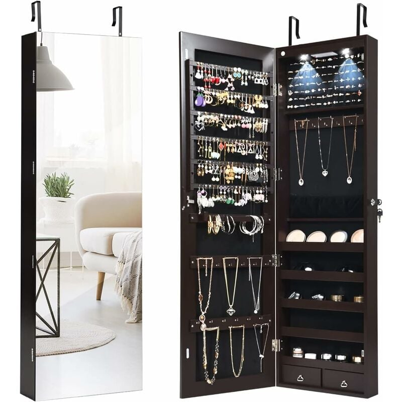 

Joyero con LED Armario con Espejo para Joya Organizador de Puerta o Pared con Llave Almacenamiento (Café) - Costway