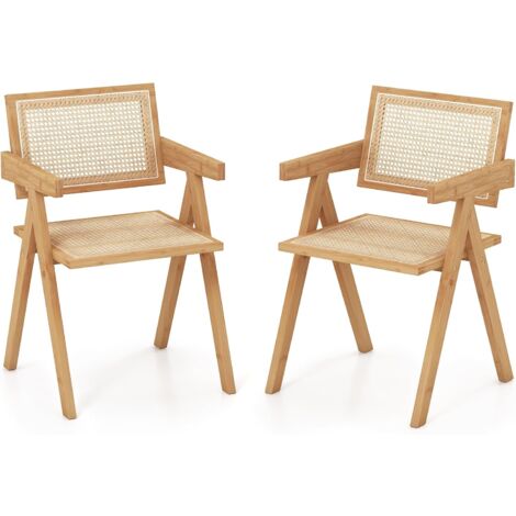 COSTWAY Juego de 2 Sillas de Comedor, Silla de Salón Moderna con Marco de Bambú, Respaldo y Apoyabrazos de Imitación Caña, Sillones de Ratán para Cocina, Comedor, Natural