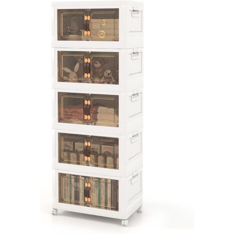 COSTWAY Juego de 3 Contenedores Apilables con Ruedas Bloqueables, 3 Cajas Organizadoras Plegables de PP con Tapas, Caja de Almacenamiento Apilable con Puertas (5 Capas - 316L)