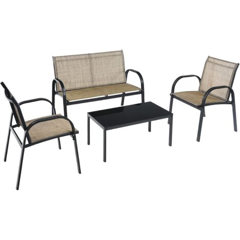 COSTWAY Juego de 4 Piezas de Muebles de Patio con 2 Sillones,1 Banco de 2 Plazas y 1 Mesa de Centro de Hierro y Tela de Malla para Terraza Jardín Exterior (Marrón)