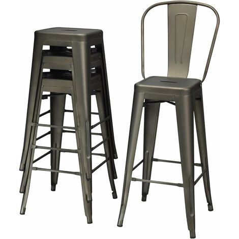 COSTWAY Juego de 4 Taburetes de Bar, Respaldo Desmontable, 4 Sillas de Comeder de Metal Acero Aplilables, Taburete Alto de Cocina con Reposapiés, hasta 150kg, 43X43X116CM