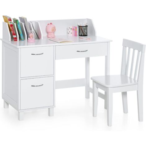 COSTWAY Juego de Escritorio y Silla para Niños, Mesa Educativa Infantil, Cajón y Armarios, Escritorio para Dormitorio y Sala de Estudio (Blanco)
