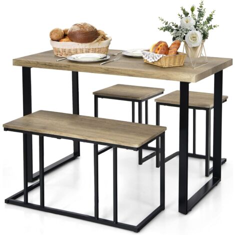COSTWAY Juego de Mesa de Comedor de 4 Piezas, Mesa de Cocina con Banco y 2 Taburetes, Mesa de Desayuno con Marco de Metal, Conjunto de Comedor Industrial para Cocina, Comedor
