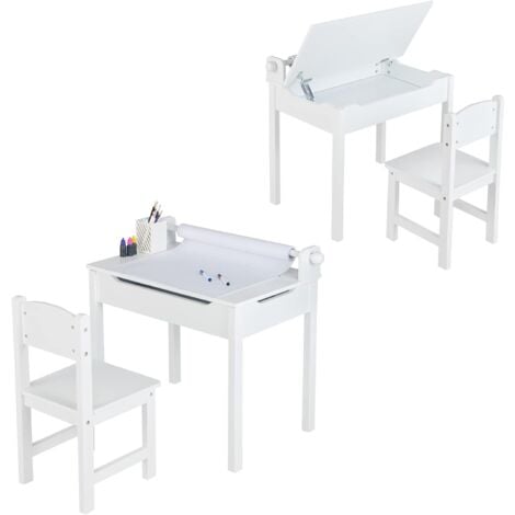 COSTWAY Juego de Mesa y Silla Infantil de Madera, Mesa de Actividades para Niños con Silla, Escritorio Infantil con Almacenamiento y Soporte para Rollo de Papel para Dibujar, Estudiar y Jugar (Blanco)