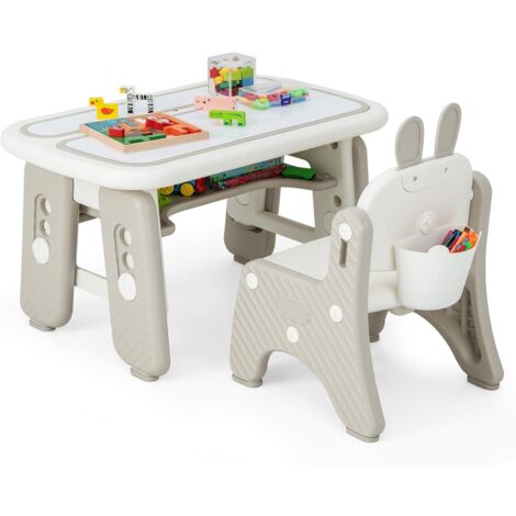 COSTWAY Juego de Mesa y Silla para Niños, Mesa de Arte Infantil con Silla y Estante, Tapa Abatible, Pizarra Magnética Borrable, Mesa de 3 Altura Ajustable para Dibujar, Incluye Varios Accesorios