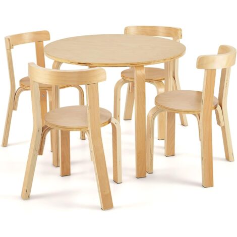 COSTWAY Juego de Mesa y Sillas para Niños de 5 Piezas con Respaldo de Madera Curvado, Mesa de Actividades para Niños con 4 Sillas, Muebles Infantiles para Hogar para Jugar, Dibujar, Leer (Natural)