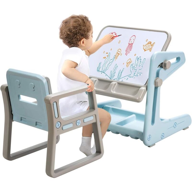 

Juego de Mueble para Niños de 3 a 12 años con Mesa Silla Pizarra Magnética Escritorio con Tablero Altura Ajustable (Azul) - Costway