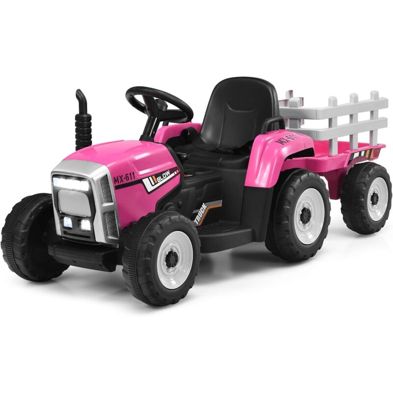 

Costway - Juguete Tractor Multifunciones con Remolque 12V, 3 Velocidades y Control Remoto 2,4G Niños Mayores de 3 Años(Rosa)