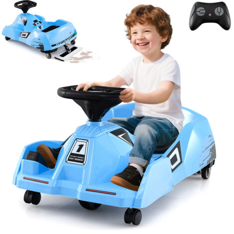 Costway – Kart de nettoyage électrique pour enfants – Voiture de course 12V avec balai amovible, télécommande 3 vitesses, klaxon, musique – Bleu