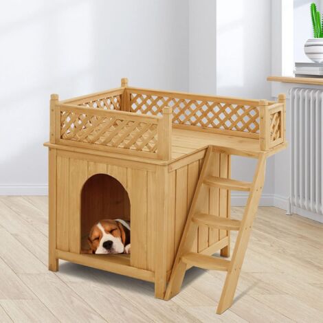 COSTWAY Katzenhaus Hundehütte Holz, Hundehaus mit Treppe zweistoeckig, Kleintierhaus für Draussen, Katzenhütte Katzenhoehle für Hunde und Katzen 66x64x56cm
