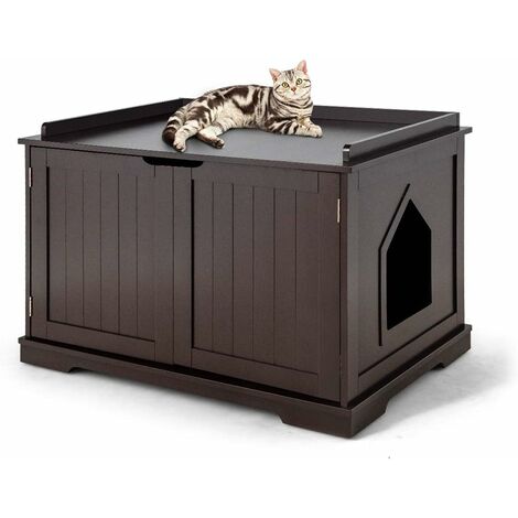 COSTWAY Katzenhaus Katzenhpehle?mit Bett, geschlossene Katzentoilette mit Eingang, Haustierbox Haustierkiste aus Holzstruktur, grosses Katzenklo Katzenschrank für Katzen Hunde Haustier Braun