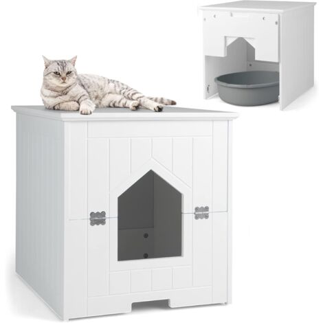 COSTWAY Katzenhaus Katzenklo mit magnetischer Tür, Katzenschrank mit Eingang, Verdeckte Katzentoilette, Katzenhoehle für kleine und mittlere Katzen, Kleintierhaus Holz Haustier, 48x51x50,5cm (Weiss)