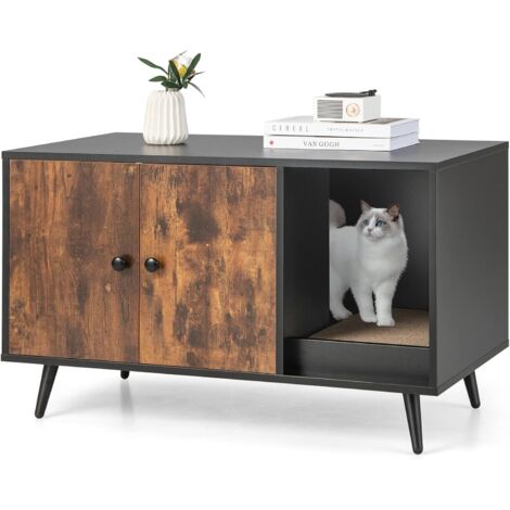 COSTWAY Katzenschrank für Katzentoilette, 2 in 1 Beistelltisch Katzenhaus, Katzenklo Schrank mit Kratzbrett & 2 Türen & Eingang, Katzenmöbel für Katzen Hunde Haustier, 90x50x54cm (Vintage)