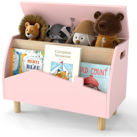 COSTWAY Kid Toy Storage Chest Bookcase Wooden Toy Box w/ Shelf-Pink