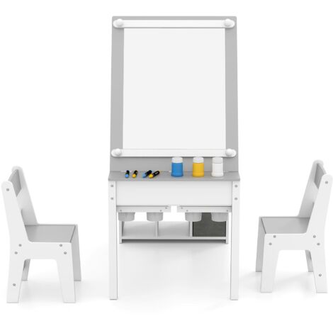 COSTWAY Kids Active Play Art Table & Chairs Set w/Paper Roll-Gray