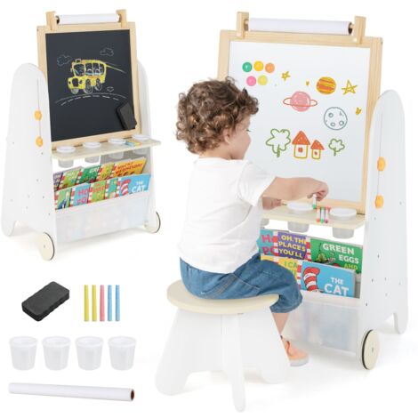 COSTWAY Kids Art Easel 4-in-1 Toddler Activity Table Set w/ Whiteboard Natural
