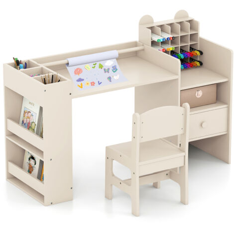 COSTWAY Kids Art Table & Chair Set Toddler Painting Study Desk-Natural
