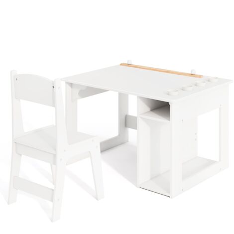 COSTWAY Kid’s Art Table & Chair Set with 4 Paint Cups & 2 Storage Shelves White