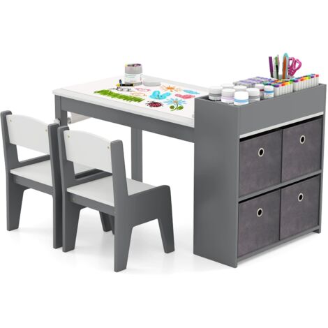 COSTWAY Kids Art Table&Chairs Set Wooden Kids Craft Study Desk w/Storage-Grey