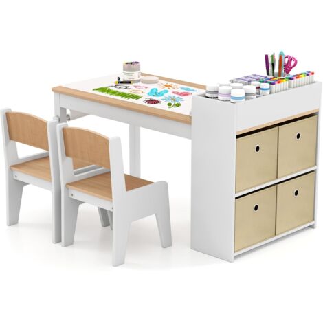 COSTWAY Kids Art Table&Chairs Set Wooden Kids Craft Study Desk w/Storage-Natural