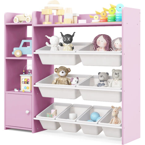 COSTWAY Kids Bookshelf Toy Storage Organizer w/ 8 Storage Boxes-Pink