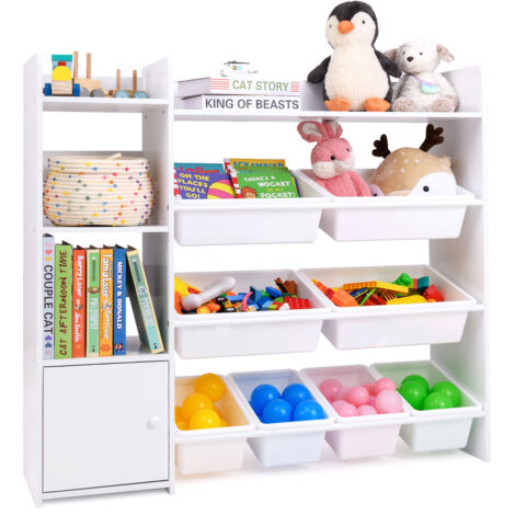 COSTWAY Kids Bookshelf Toy Storage Organizer w/ 8 Storage Boxes-White