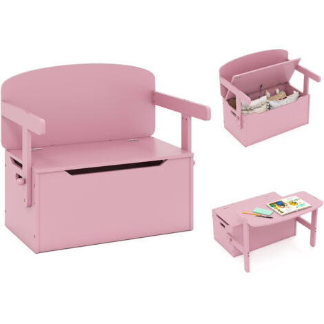 COSTWAY Kids Convertible Bench Table with Toy Storage Box 3-in-1 Desk Chair Set Pink
