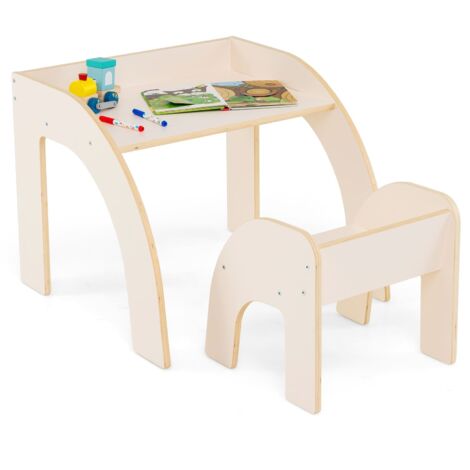 COSTWAY Kids Desk and Chair Set Wooded Toddler Table and Chair Set-White
