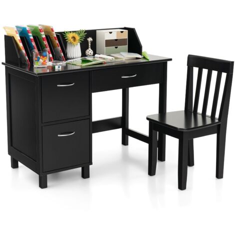 COSTWAY Kids Desk and Chair Set Wooden Children Study Table & Chair  Writing Table Black