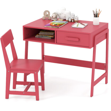 COSTWAY Kids Desk and Chair Set Wooden Children’s Study Desk Set w/ Drawer-Pink
