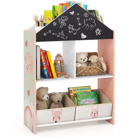 COSTWAY Kids Dollhouse Bookshelf Wooden Toy Storage Organizer-Pink