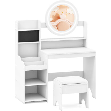 COSTWAY Kids Dressing Table with Mirror Lights Storage Shelves Rings Slots Upholstered Stool White