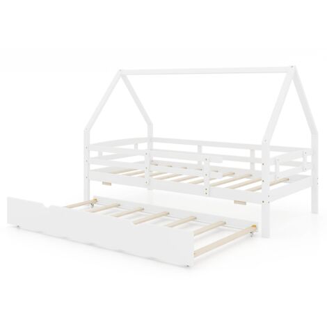 COSTWAY Kids House Bed Wooden Platform Bed with Full Length Safety Guardrails