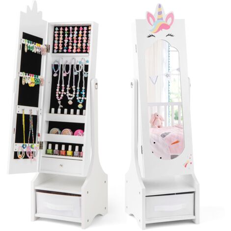 COSTWAY Kids Jewelry Cabinet Standing Children Jewelry Organizer w/Drawer-White