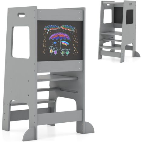 COSTWAY Kids Kitchen Step Stool 2-In-1 Toddler Standing Tower-Grey