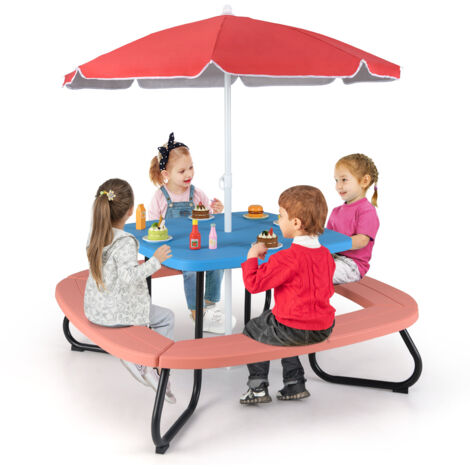 COSTWAY Kids Picnic Table HDPE Outdoor Table w/Height Adjustable Umbrella-Blue