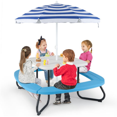 COSTWAY Kids Picnic Table HDPE Outdoor Table w/Height Adjustable Umbrella-White