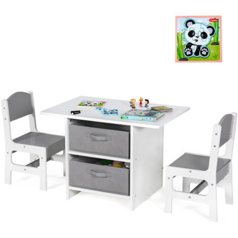 COSTWAY Kids Play Table & 2 Chairs Set Children Activity Desk Sets w/ Removable Baskets