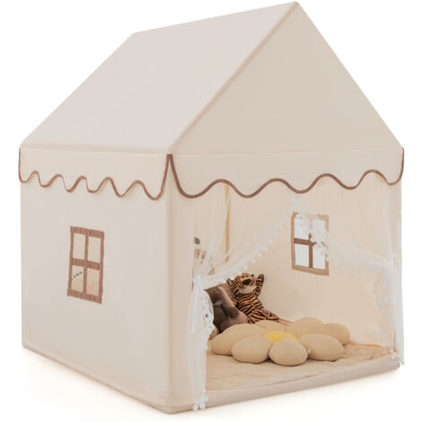 COSTWAY Kids Play Tent Indoor Playhouse with Padded Mat-Beige