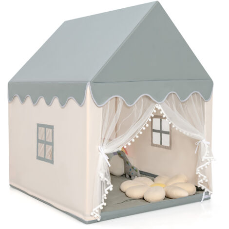 COSTWAY Kids Play Tent Indoor Playhouse with Padded Mat-Beige+Grey