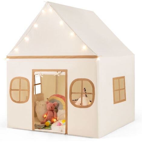 COSTWAY Kids Play Tent Large Playhouse w/ Door Curtain & Windows-Beige