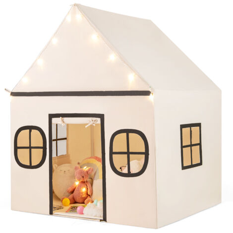 COSTWAY Kids Play Tent Large Playhouse w/ Door Curtain & Windows-Beige + Grey