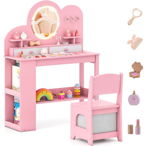 COSTWAY Kids Princess Vanity Table & Chair Set with 2 Drawers-Pink