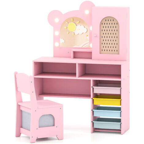 COSTWAY Kids Princess Vanity Table & Chair Set with 5 Drawers & Lights-Pink