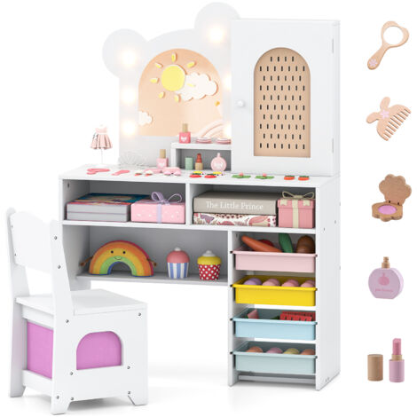 COSTWAY Kids Princess Vanity Table & Chair Set with 5 Drawers & Lights-White