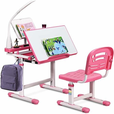 COSTWAY Kids Study Desk and Chair Set, Adjustable Children's Table with Eye-protection Lamp Pink