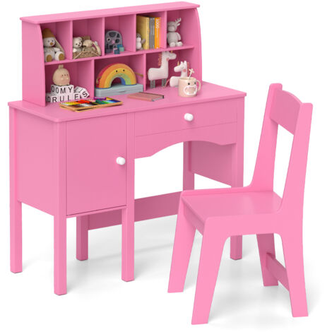 COSTWAY Kids Study Desk and Chair Set Children Wooden Craft Table & Chair-Pink