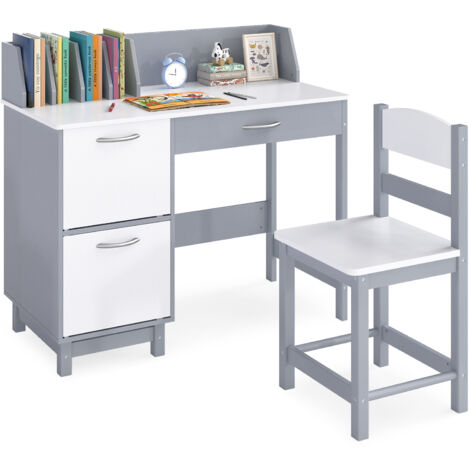 COSTWAY Kids Study Desk and Chair Set Wooden School Learning Table-Grey